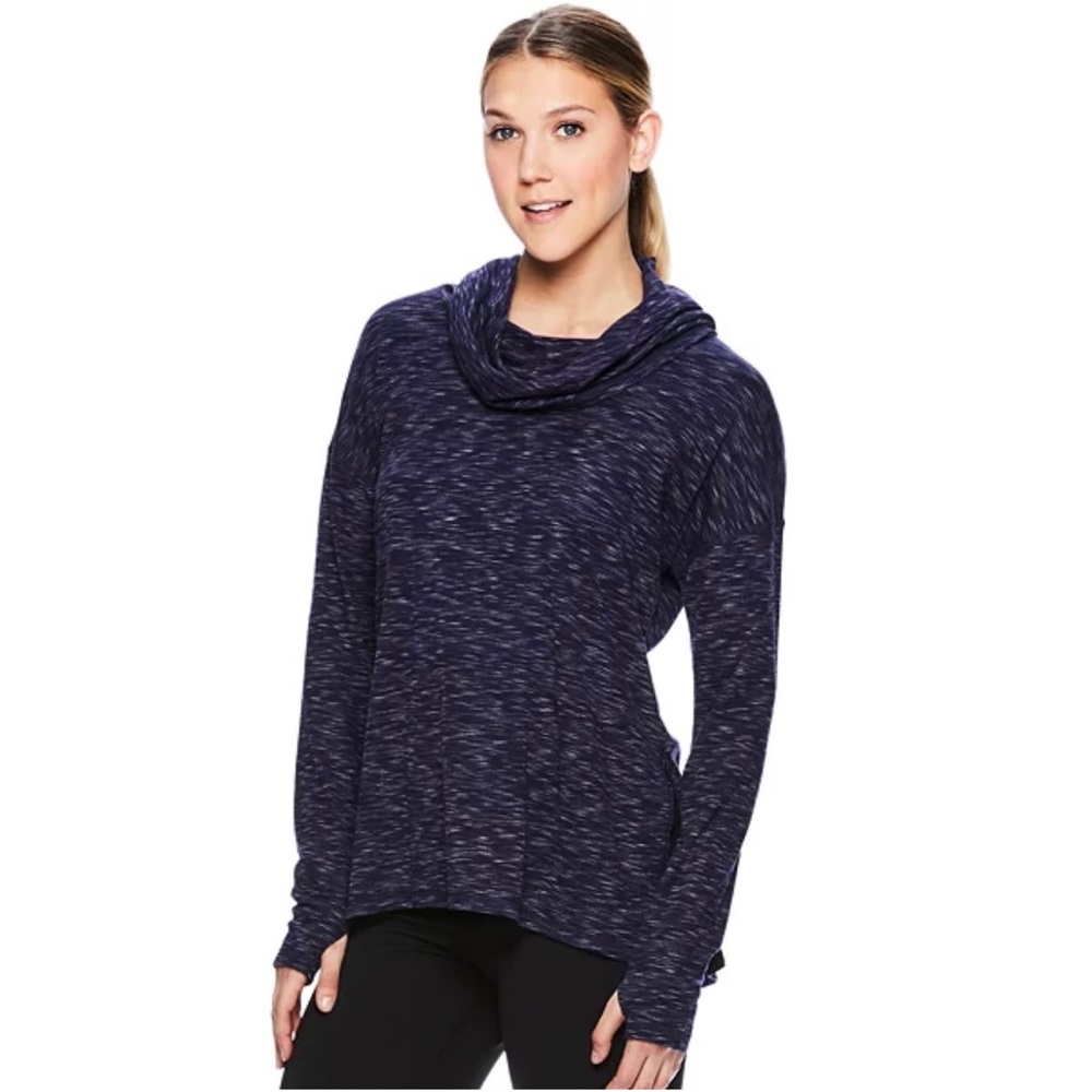 NWT- Women’s Medieval Blue Heather Yoga Top by Gaiam / Hooded Cowl Neck / Medium